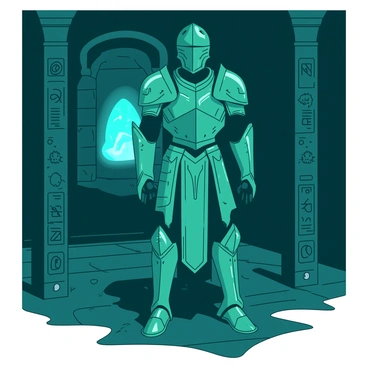 A teal suit of glowing armor stands tall and vigilant in a dimly lit secret chamber. The armor is intricately designed with detailed engravings that shimmer faintly in the low light. Surrounding the armor are ancient stone walls covered with mysterious symbols. In the background, there is a dimly glowing blue crystal embedded in the wall, casting an ethereal light across the chamber. The floor is made of dark, polished stone, and a sense of stillness pervades the atmosphere as the armor remains steadfast in its watch.