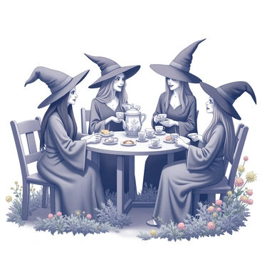 A group of witches gathered around a small wooden table in a lush garden. The witches are wearing varied, intricately designed robes and hats, each with unique patterns and textures. The table is set with several vintage teacups displayed prominently, intricately adorned with delicate floral patterns. Small plates filled with assorted pastries and treats are arranged around the cups. Surrounding the table, vibrant flowers bloom, and greenery creates a thick, inviting atmosphere. Each witch is engaged in animated conversation while holding a teacup, with one witch pouring tea from a decorative teapot. The scene conveys a sense of camaraderie and enchantment.