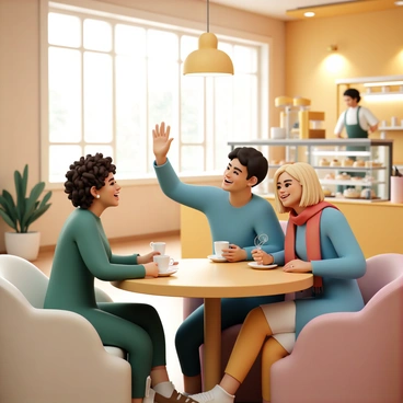 A cozy coffee shop interior filled with warm light. In the center, a group of three friends is sitting at a wooden table, each holding a steaming cup of coffee. One friend, a woman with curly brown hair wearing a green sweater, laughs while leaning forward. Next to her, a man with short black hair in a blue shirt is raising his cup, smiling broadly. The third friend, a woman with straight blonde hair wearing a red scarf, is sitting back, her eyes sparkling with joy. Soft plush chairs and a small potted plant are visible in the background, enhancing the inviting atmosphere. A barista can be seen behind the counter, arranging pastries in a display case.