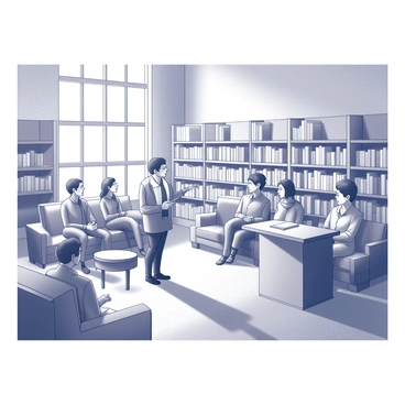 A well-lit cozy bookstore with wooden shelves filled with books. The interior features plush seating areas with soft cushions where the audience is sitting comfortably. In the foreground, a speaker is standing by a small table, gesturing passionately while discussing "illustration styles." The audience, made up of diverse individuals, is attentively listening, some taking notes. Light streams in through large windows, casting gentle shadows across the room, creating an inviting atmosphere.