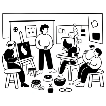 A vintage teacher standing beside a wooden easel, demonstrating a painting technique to a group of attentive students. Each student has their own easel, with various sizes of canvases set up in front of them. Paint palettes with an assortment of paint colors are scattered on the floor and on each easel. Brushes of different sizes are placed on the tables nearby. The classroom is filled with art supplies, including jars of water for cleaning brushes and sheets of paper. The walls display multiple art pieces created by the students.