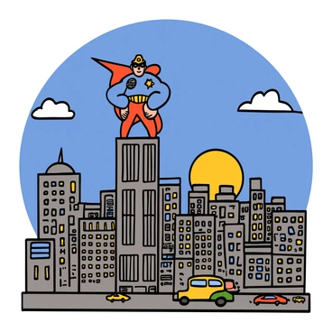 A superhero with a muscular build and a bright red cape stands confidently perched on the edge of a tall skyscraper. The superhero has a mask covering their eyes and a symbol on their chest, showcasing their identity. Below, a bustling cityscape unfolds with numerous buildings, busy streets, and small cars moving around. The sky is a vibrant blue, and a few fluffy clouds drift by. In the distance, the sun is setting, casting a warm golden light over the city, highlighting the superhero's silhouette against the skyline.