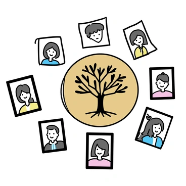 A family tree plaque, featuring intricate engravings of branches and leaves, is centered prominently in the image. The plaque has a polished wooden finish, reflecting light subtly. Surrounding the plaque are several family portraits in simple frames, each displaying various family members. The portraits are arranged in a collage style, showcasing different sizes and orientations, with soft lighting highlighting their features. The overall composition emphasizes the connection and history represented by the family tree.