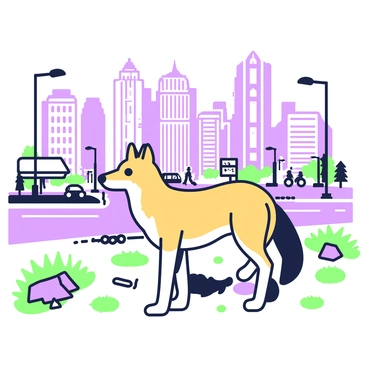 A coyote is standing on the edge of a bustling cityscape, with tall buildings rising in the background. The coyote has a tawny coat with distinct markings, and its ears are perked up. In the foreground, there are scattered pieces of urban debris, including bits of litter and patches of grass. The city is alive with movement, featuring cars on the road and pedestrians walking along the sidewalks. Streetlights cast angular shadows on the ground, illuminating the coyote as it cautiously observes the activity around it.