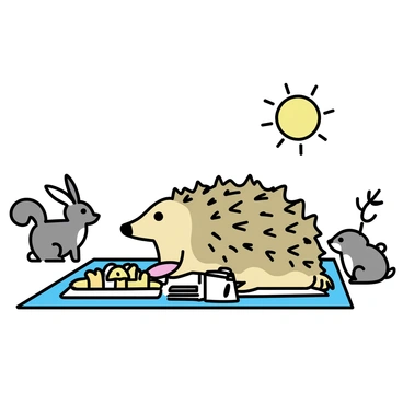 A pangolin, with its distinctive armored scales, is sitting on a checkered picnic blanket spread across a sunny clearing. Around the pangolin, there are a variety of animal friends: a cheerful rabbit with long ears, a curious squirrel with a bushy tail, and a small hedgehog with its spiky back. The picnic is adorned with an assortment of colorful fruits, sandwiches, and a jug of lemonade. Above them, the sun shines brightly, casting gentle shadows on the ground. In the background, there are a few wildflowers swaying in the light breeze.