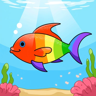 A vibrant rainbow fish with shimmering scales is swimming gracefully through clear blue water. The sunlight filters down, illuminating the fish's body, causing its colors to flash dramatically in shades of red, orange, yellow, green, blue, and purple. The fish is in mid-motion, with its fins spread wide and a joyful expression. Surrounding the fish are a few small bubbles and fragments of coral in various colors, adding to the lively underwater scene. The background features softly swaying aquatic plants, enhancing the overall brightness of the moment.