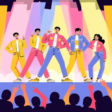 A vibrant K-pop dance group performing on a stage. The group consists of five members, each wearing matching colorful outfits consisting of bright jackets and stylish pants. They are mid-dance, with dynamic poses showcasing their synchronized movements. The background features bright stage lights in various colors illuminating the scene, and a cheering audience can be seen in the foreground, waving lightsticks. The members have expressive facial expressions that convey excitement and energy.