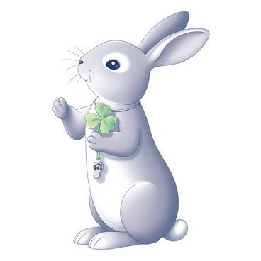 A rabbit is standing upright, holding a clover delicately in its paws. It has a rabbit's foot charm hanging from a thin string around its neck. The rabbit's fur is fluffy and well-defined, with its ears perked up attentively. The clover is vibrant, showcasing its distinct leaf structure. The background is simple, ensuring the focus remains on the rabbit and the clover.