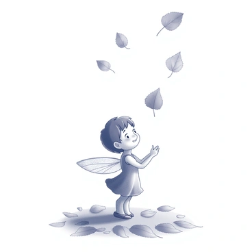 A small fairy with delicate wings is standing amidst a scattered array of falling leaves. The fairy has intricate details on her wings and is gazing up at the leaves with an expression of wonder. The leaves are of various shapes and sizes, showcasing their unique features. The ground is covered with a blanket of fallen leaves, creating a textured surface around her feet. The scene captures the enchanting moment as the fairy admires the natural beauty surrounding her.