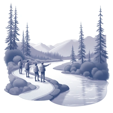 A group of hikers is walking along a narrow dirt trail that runs beside a winding river. The trail is flanked by tall trees with detailed bark and lush foliage. The river has a gentle current, with visible ripples on its surface, reflecting the surrounding landscape. The hikers are wearing backpacks and appropriate hiking gear. Some of them are pointing towards interesting features in the distance, while others are engaged in conversation. The background displays a range of rolling hills, with varying textures and shapes contributing to the scenic view.