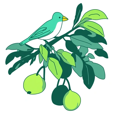 A teal pair of small birds with bright yellow beaks is perched on a thick fig tree branch, surrounded by lush green leaves. The birds are facing each other, and their wings are slightly spread as they chirp merrily. Below the branch, several ripe figs can be seen hanging, adding detail to the scene. The sunlight filters through the leaves, creating a warm atmosphere around the pair of birds.