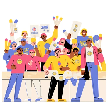 A diverse group of enthusiastic fans in the stands, each wearing vibrant team jerseys of various colors and designs. Some fans hold large foam fingers and banners displaying the team's logo. Others are cheering with smiles on their faces, creating an energetic atmosphere. The fans are of different ages and ethnicities, showcasing a sense of unity and excitement for the game. The background captures other fans and the field below, enhancing the lively spirit of the event.