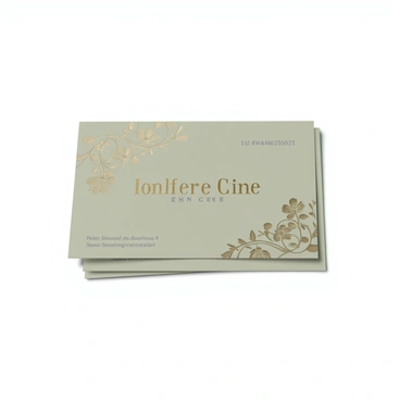 A business card featuring a design with flowing lines and intricate floral motifs. The card has a soft color palette, primarily in shades of muted green and gold. At the top of the card, there are elegant, swirling vines that extend towards the corners. The center of the card displays the name in an ornate font, surrounded by delicate flowers and leaves. The contact information is positioned at the bottom in a smaller font, seamlessly integrated into the floral design. The overall composition emphasizes harmony and elegance.