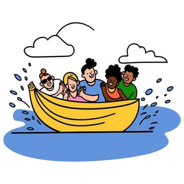 A group of four people, two men and two women, are riding a bright yellow banana boat on a vibrant blue ocean. The sky is clear with a few fluffy white clouds. The man in the front has light skin and is wearing sunglasses, while the woman beside him has dark skin and is laughing joyfully. The other man, with medium skin and short black hair, is holding onto the boat tightly, and the woman next to him has curly hair and a big smile on her face. Water splashes around them, creating droplets that catch the sunlight, adding to the fun and excitement of the ride.