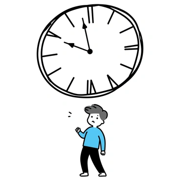 A person standing beneath a large clock face, which dominates the scene with its intricate design and large Roman numerals. The clock hands are depicted in motion, creating a sense of urgency and tension. The person is looking up at the clock, appearing small and overwhelmed by its size, with a furrowed brow that signals pressure from the relentless ticking. The background is minimal, emphasizing the stark contrast between the individual and the imposing clock.