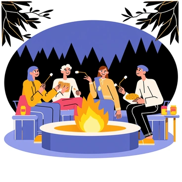 A casual gathering of friends around a fire pit, sharing naan and stories.