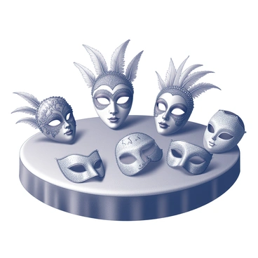 A collection of intricate masks displayed on a textured velvet table. Each mask features unique designs with detailed embellishments, such as feathers, beads, and ornate patterns. The masks vary in shape and size, showcasing a blend of elegance and craftsmanship. The soft sheen of the velvet table contrasts with the elaborate surfaces of the masks, creating a rich visual interplay. The arrangement is carefully curated, allowing the viewer to appreciate the artistry of each individual mask.