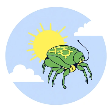A scarab beetle with a shiny green shell and intricate golden patterns on its back. The beetle has large, detailed wings slightly spread as it hovers in mid-air. It carries a bright yellow sun with rays extending outward, giving a warm glow. The background is a soft blue sky with a few fluffy white clouds. The sun is depicted as being held gently by the beetle's legs, creating the sense of movement across the sky.