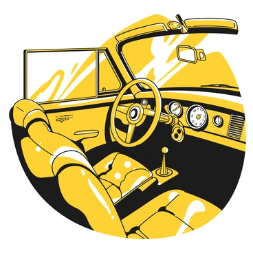 Inside an old classic car with vintage dials and a leather steering wheel