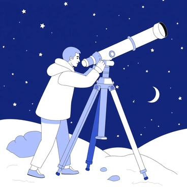 An astronomer is peering through a telescope mounted on a sturdy tripod. The telescope has a long cylindrical shape with a large lens at the end, pointing towards the starlit night sky. The astronomer is wearing a warm jacket and has a focused expression, with one hand adjusting a knob on the telescope. In the background, numerous stars are visible, twinkling against the dark expanse. There is a faint outline of a crescent moon, and a few distant celestial bodies are scattered across the sky. The ground beneath is rocky, indicating a remote observation site.