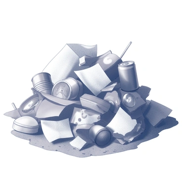 A large pile of trash, consisting of crumpled papers, broken electronics, and various discarded containers, is situated on a rugged surface. Among the refuse, several shiny items are partially visible, including a metallic can and a broken mirror, reflecting fragments of light. These shiny objects create a stark contrast against the dark, dirty refuse surrounding them, highlighting the disarray of the trash heap. The overall scene conveys a sense of neglect and environmental decay.