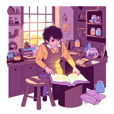 A young apprentice with tousled hair is sitting on a wooden stool in a cluttered workshop. The workshop is filled with various tools and magical artifacts scattered across a workbench. Sunlight filters through a small window, casting a warm glow over the scene. The apprentice is leaning forward, intently studying a glowing spellbook that is open on the table. The pages of the spellbook are illuminated with bright symbols, casting a faint light on the apprentice's face. Around the apprentice, there are shelves lined with jars of colorful ingredients and scrolls tucked haphazardly among the tools.