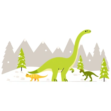 A group of large dinosaurs, including a towering Brachiosaurus and a smaller Velociraptor, are wandering through a snowy landscape. The ground is covered with a thick blanket of white snow, and soft snowflakes are falling from a gray sky. Pine trees with snow-dusted branches are scattered throughout the scene. The Brachiosaurus is seen stretching its long neck to reach the tips of snow-covered trees, while the Velociraptor is playfully leaping through the snow, leaving small paw prints behind. In the background, distant mountains are capped with snow, creating a sense of vastness in the icy environment.