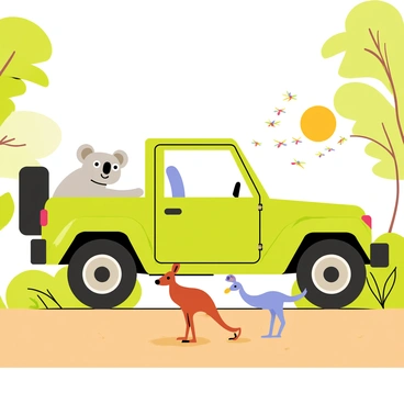 A koala sitting comfortably in a green jeep with an open top. The jeep is parked on a dirt path surrounded by lush green trees and bushes. The koala has big, curious eyes as it looks out at a group of wild animals nearby, including a grazing kangaroo and a flock of colorful birds flying overhead. The sun is shining brightly, casting warm light on the scene, highlighting the natural beauty of the safari environment.