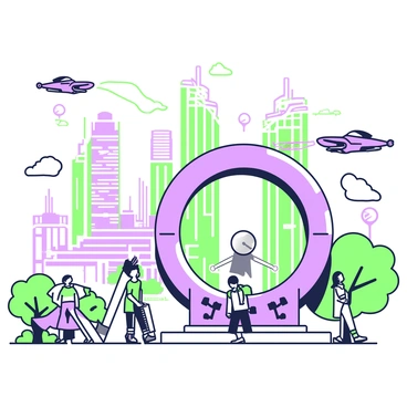 A sleek, metallic portal is positioned in the middle of a futuristic city. The portal stands tall and circular, with intricate designs etched into its surface. Surrounding the portal, a bustling cityscape features tall skyscrapers with glass facades that reflect the environment. Flying cars zip through the air, weaving between the buildings and leaving trails behind them. On the ground, people in modern attire navigate the streets, some pausing to look at the portal with curiosity. The scene captures a vibrant atmosphere of advanced technology and urban life.