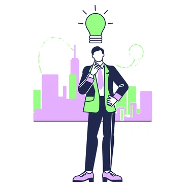 A businessperson stands confidently with a thoughtful expression. Above their head, a lightbulb is illuminated, symbolizing a new investment idea. The businessperson is dressed in a tailored suit, with a tie and polished shoes. Their right hand is raised to their chin as if pondering this innovative concept. The background features a faint outline of a city skyline, suggesting a business environment. The overall composition highlights the connection between the businessperson and the inspiration from the lightbulb.
