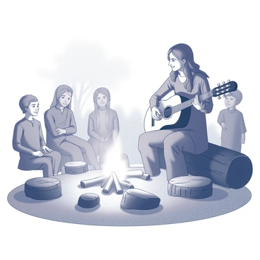 A bard is sitting on a log by a campfire, playing a lute. The flames of the fire flicker and cast dancing shadows around the scene. In front of the bard, a small crowd is gathered, attentively listening to the music. Their faces show expressions of enjoyment and fascination as they lean in closer. The bard has long flowing hair and wears a simple tunic. The lute has intricate carvings along its body. Surrounding the campfire are several logs and stones, creating a rustic gathering area in the woods. The trees loom in the background, silent witnesses to the enchanting performance.
