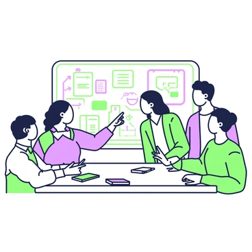 A diverse team of professionals is gathered around a whiteboard. The group includes individuals of various ethnicities, genders, and ages, all engaged in discussion. One person points at the whiteboard, which is filled with sketches and notes. There are diagrams and charts drawn in green and purple ink, showcasing different ideas. In front of the team, there are a few notebooks and pens scattered on the table. The individuals are wearing casual business attire, and some are taking notes while others are leaning in to share their thoughts.
