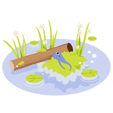 A curious tadpole with a small, round body and a long tail is swimming near a sunken log in a clear pond. The log is partially submerged, covered in green moss and surrounded by clusters of small pebbles. Sunlight filters through the water, creating shimmering reflections on the pond's surface. Several lily pads float nearby, with delicate white flowers blooming on them. The water is filled with tiny bubbles, and small fish can be seen darting in the background, adding to the lively atmosphere of the pond.