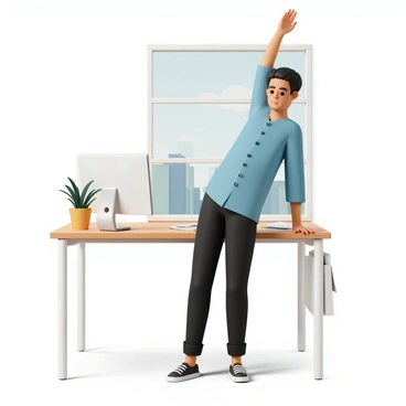 An office worker, wearing a blue button-up shirt and black trousers, is standing next to a wooden desk. The desk is equipped with a modern computer, a keyboard, and a few scattered documents. The office worker has short black hair and is stretching one arm above their head while leaning slightly to the side. A potted plant is placed on the corner of the desk, and a window in the background shows a view of a cityscape.