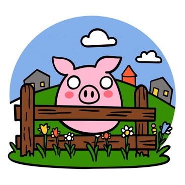 A pig with light pink skin and large round eyes is peeking through a rustic wooden fence. The pig's ears are perked up, and it has a playful expression on its face. The wooden fence has weathered textures and is surrounded by green grass and wildflowers. In the background, there are blurred outlines of farm buildings and a bright blue sky with a few fluffy white clouds. Sunlight casts soft shadows, enhancing the cheerful atmosphere of the farm scene.