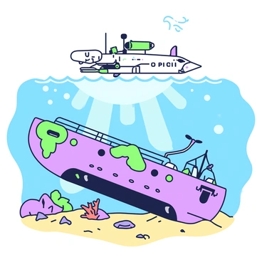 An underwater military drone is maneuvering through the depths of the ocean. The drone has a sleek, streamlined design with multiple propellers and sensors along its body. Below the drone, a sunken ship is visible, partially covered in marine life, with large barnacles and vibrant coral formations attached to its hull. The ship's structure is broken and rusted, showcasing its decay over time. Sunlight filters through the water above, creating patterns on the ocean floor, where sand and small rocks are scattered. The water around the scene has a sense of depth and density, adding to the mysterious atmosphere of the underwater exploration.