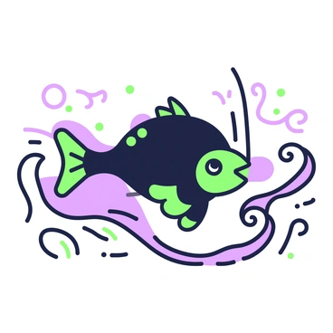 A silhouette of an anglerfish is positioned prominently in the center of the image. The anglerfish features its characteristic elongated body and a bioluminescent lure extending from its head. Surrounding the fish, there are stylized ocean waves that appear to flow and curl around it. The waves have a rhythmic pattern, emphasizing the aquatic environment. The scene captures the contrast between the dark silhouette of the anglerfish and the undulating forms of the waves, creating a dynamic underwater atmosphere.