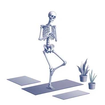 A skeleton practicing yoga poses in a serene setting