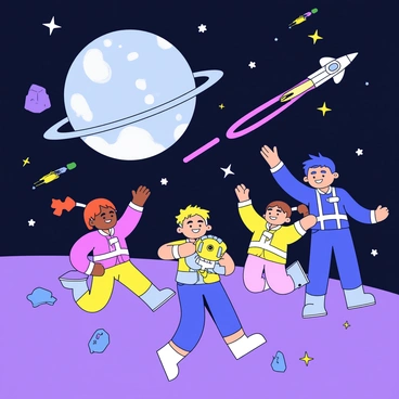 A scene depicting children in colorful space suits floating in outer space. The children are diverse, with different hair colors and styles, and they are joyfully pointing at a large, glowing planet in the background. One child is holding a small, friendly robot that has big eyes and is hovering beside them. Bright stars twinkle in the dark sky, and there are colorful comets streaking across the scene. The children are surrounded by small asteroids and a distant spaceship can be seen in the background.