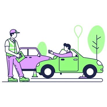 A driving instructor is standing on the sidewalk observing a student inside a car as they perform a parallel parking test. The instructor is wearing a baseball cap and a reflective vest, with a clipboard in hand. The student is focused on maneuvering the car into a parking space between two other vehicles. The car is a compact model, and the surrounding area has a few trees and a traffic cone placed nearby for guidance. The scene gives a clear view of the instructor and the student, highlighting their interaction during the test.