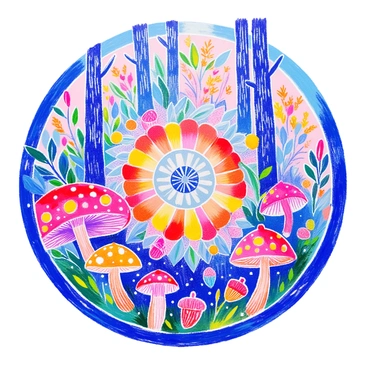 A mandala is intricately designed, featuring a variety of forest elements. The outer circles are filled with detailed images of tall trees with textured bark and lush green leaves. Within the mandala, there are colorful mushrooms in various shapes and sizes, some with spots and others smooth. Additionally, small acorns are scattered throughout the design, with their cap and nut clearly defined. The overall composition is harmonious, with each element seamlessly integrated into the mandala's structure.