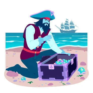 A pirate discovering a black box filled with sparkling jewels on a sandy beach