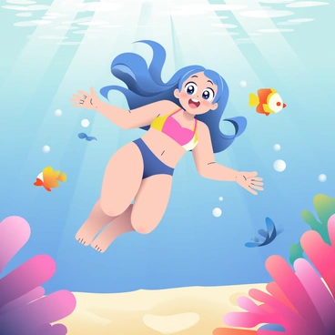 An anime girl with long, flowing blue hair is swimming underwater in a colorful swimsuit. She has large, expressive eyes and a playful smile. Surrounding her are vibrant coral reefs in various shades of pink, purple, and orange. Tropical fish in bright colors, including yellow, orange, and blue, swim around her, creating a lively underwater scene. Sunlight filters through the water's surface, casting shimmering patterns on the sand below. The girl is gracefully gliding through the water with her arms extended, enjoying the beauty of the underwater world.