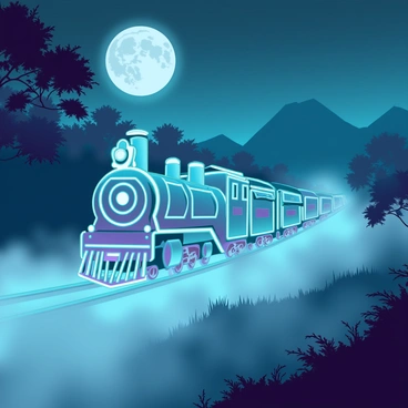 A ghostly train with a shimmering, translucent appearance is moving silently through a misty night landscape. The train features ornate, vintage carriages, each emitting a faint glow. Thick fog envelops the ground, swirling around the train tracks. The moon casts a silvery light, illuminating the mist and creating an ethereal atmosphere. Dark silhouettes of trees line the edges of the scene, partially obscured by the fog, while distant mountains loom under the night sky. The overall scene conveys a sense of mystery and otherworldliness.