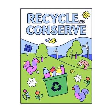 A poster featuring the phrase "Recycle and Conserve" in bold, colorful letters. The background showcases a vibrant green landscape with trees, flowers, and a blue sky. Various recycling symbols are scattered throughout the design, including a green recycling bin overflowing with colorful plastic bottles and paper. Illustrations of animals, such as a cheerful squirrel and a colorful bird, are integrated into the scene. In the corners, there are images of solar panels and wind turbines, emphasizing renewable energy.