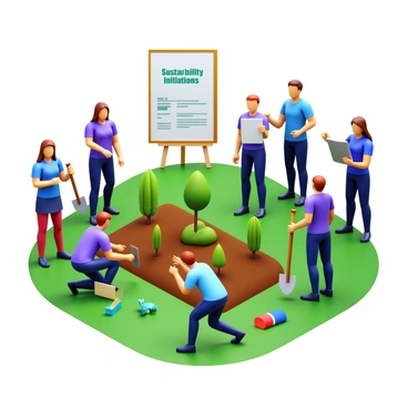 A group of students at UCL engaged in an environmental project. They are planting young trees in a garden area. Some students are holding shovels and digging into the soil, while others are placing saplings into the ground. A few students are discussing sustainability initiatives, holding notebooks and pointing at a nearby poster with "Sustainability Initiatives" written on it. The scene features green grass, bright sunlight, and a few scattered gardening tools.