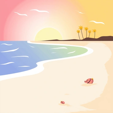 Waves lapping gently on a sandy beach with a smooth surface. The water is a blend of blue and turquoise, creating a soothing transition as it meets the shoreline. The setting sun casts a warm golden glow across the sky, with hues of orange and pink blending together. Silhouettes of distant palm trees line the beach, adding texture to the scene. A few small seashells are scattered along the wet sand, glistening in the sunlight.