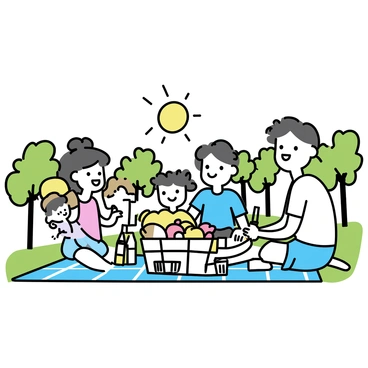 A family is sitting on a checkered blanket under the bright sun. The blanket is spread out on the green grass among rows of grapevines. There is a wooden basket filled with various foods, including a loaf of bread, cheese, and a selection of fruits. A bottle and glasses of sparkling drink sit beside the basket. The family consists of four members: a man wearing a white shirt and shorts, a woman in a light blue dress, a young boy in a colorful t-shirt, and a toddler in a sunhat. They are all smiling and enjoying their meal together.