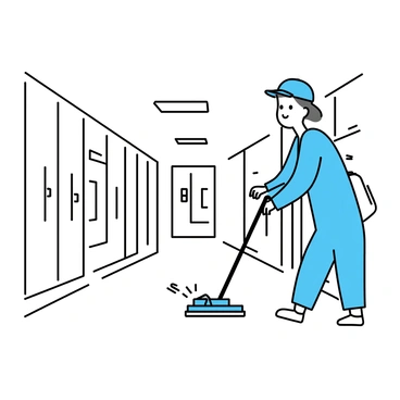 A janitor buffing the floors of a school hallway during the evening