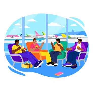 A group of passengers lounging on comfortable chairs near a large airport window. The window showcases multiple colorful planes parked on the tarmac outside. The passengers are diverse, featuring individuals of different ages and ethnicities, some reading books, while others are using their phones. Bright sunlight streams in through the window, casting soft shadows on the floor. A few personal items like bags and magazines are scattered around the chairs, adding to the relaxed atmosphere.